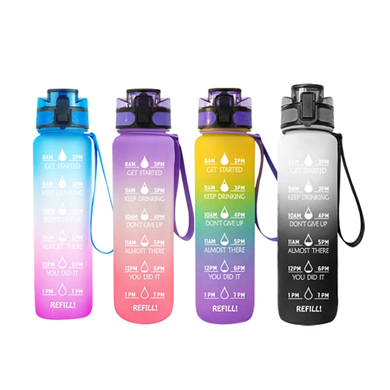 Custom Plastic Straw Strainer Filter Gym Sports 1L 32oz  BPA Free Tritan Motivational Water Bottle With Time Marker