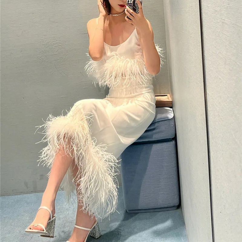 2023 Women 2 Piece Set White Long Fur Skirt Spaghetti Straps Feather Top Two Piece Set