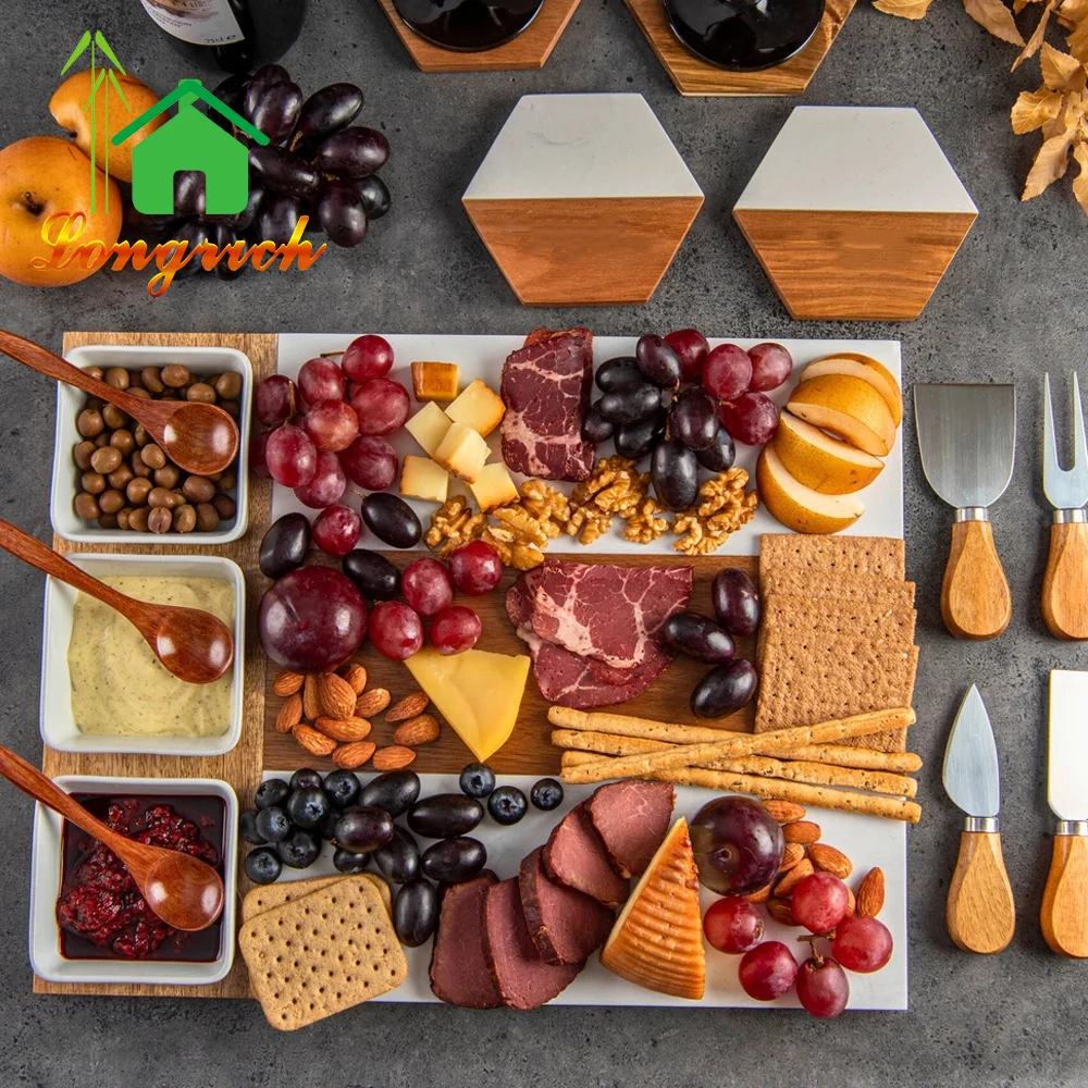 Custom Wooden And Marble Cheese Board Acacia Charcuterie Board With Cheese Knife Spork Set And Ceramic Bowl