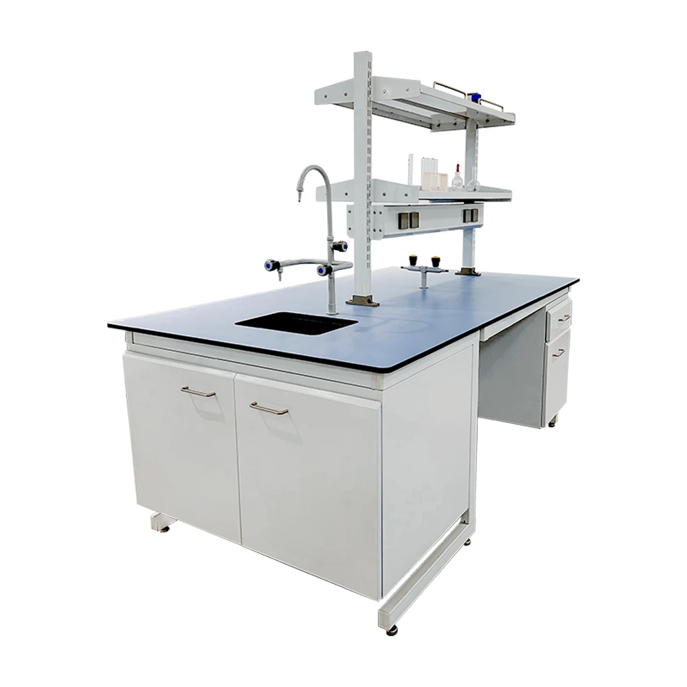 High Quality CE Certificated Lab Center Island Desks Electric Lift Tables Lab Benches With Double Gas Cocks