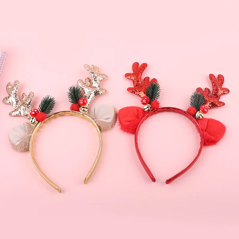 Girls Elk Antler Glitter Hair Bands Jingle Bells Tiara Headpiece Christmas Party Dress Up Headbands Cute Elk Antlers Headbands