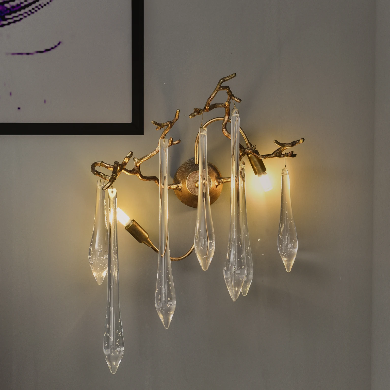 Крытый декоративный современный причудливый латунный ветка дерево твиг кристалл LED Бра настенный светильник для лестницы