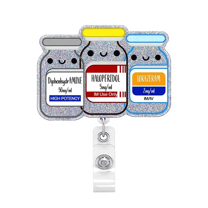 Wholesale Custom Nurse Scrub Life Badge Reel Acrylic Pill medicine Bottle Retractable Badge Reel Badge Holder