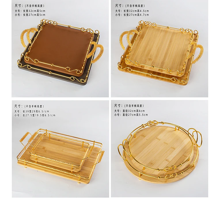 Round Rustic Bamboo Serving Tray with Handle Tea Platter Black Wood Tray Set Gold Turkish Coffee Serving Home Decorative Tray