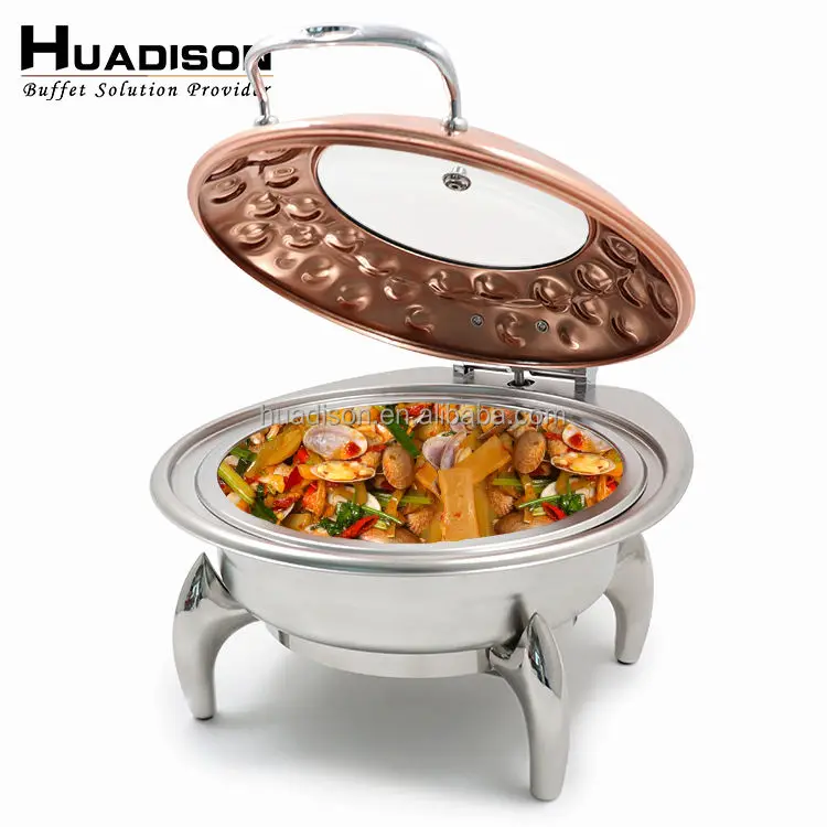 Huadison Wedding Banquet Equipment Round Stainless Steel Food Heating Rose Gold Chaffing Dish With Stainless Steel Base