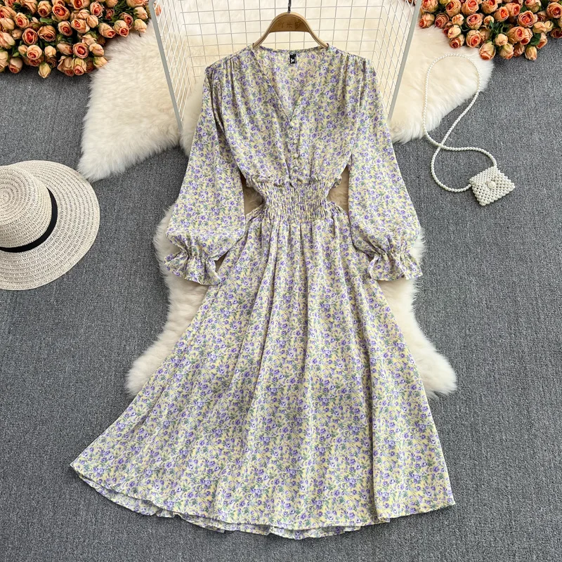 R30442S 2022 Small floral long skirt spring and summer fashion new style gentle wind waist slimming V-neck chiffon dress women
