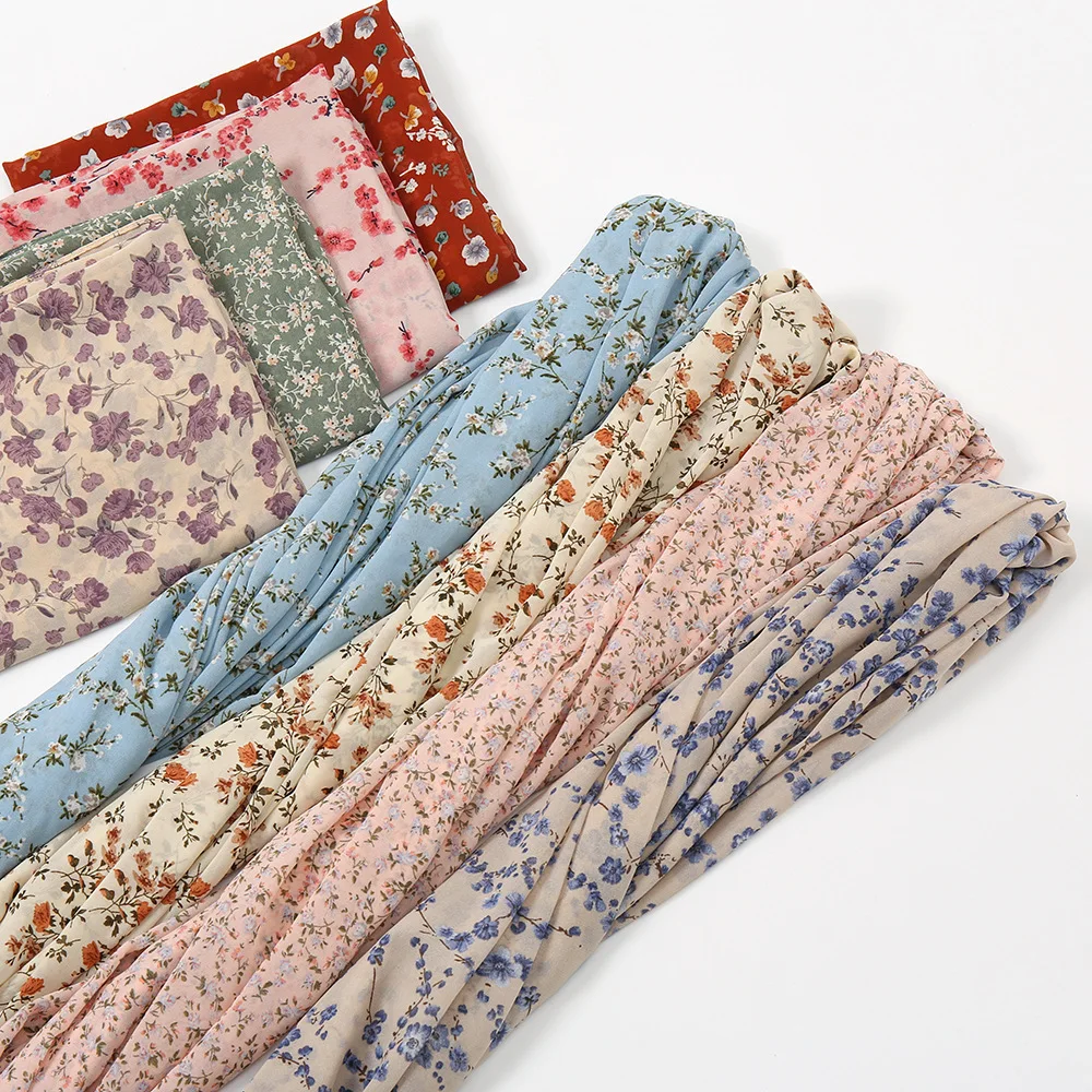 2022 spring and summer new Malaysian turban pearl chiffon little flower printed yarn scarf silk headscarf