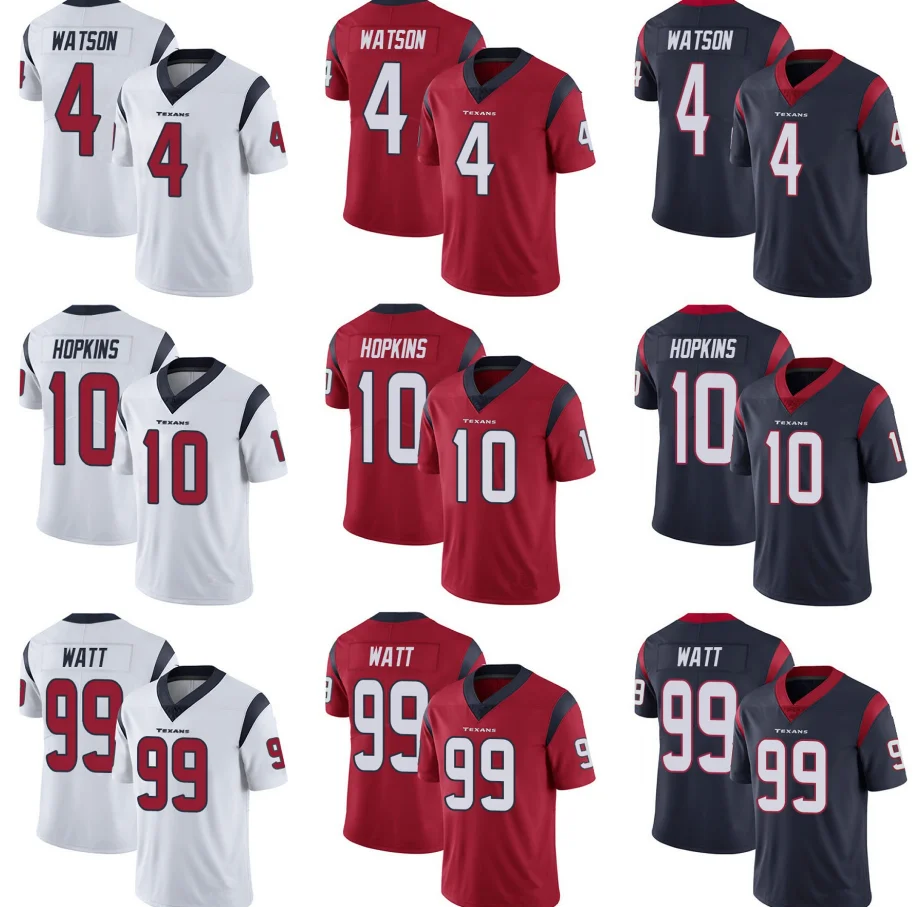 
Custom Wholesale Sublimated High density Deshaun Watson 4# DeAndre Hopkins 10# J.J. Watt 99# American football jersey 