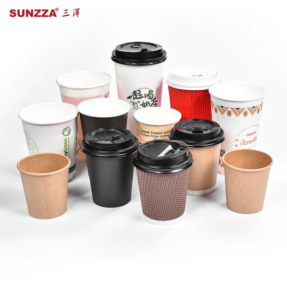 Sunzza custom bulk 200 ml 3 oz 8oz Bio-degradable disposable printed logo coffee paper cups with lids for hot and cold drinks