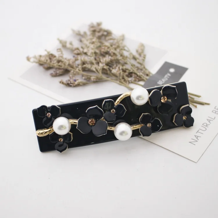 
French Style Fashion Colorful Hair Clips Acetate Pearl Rhinestone Flower Hair Barrettes For Women 