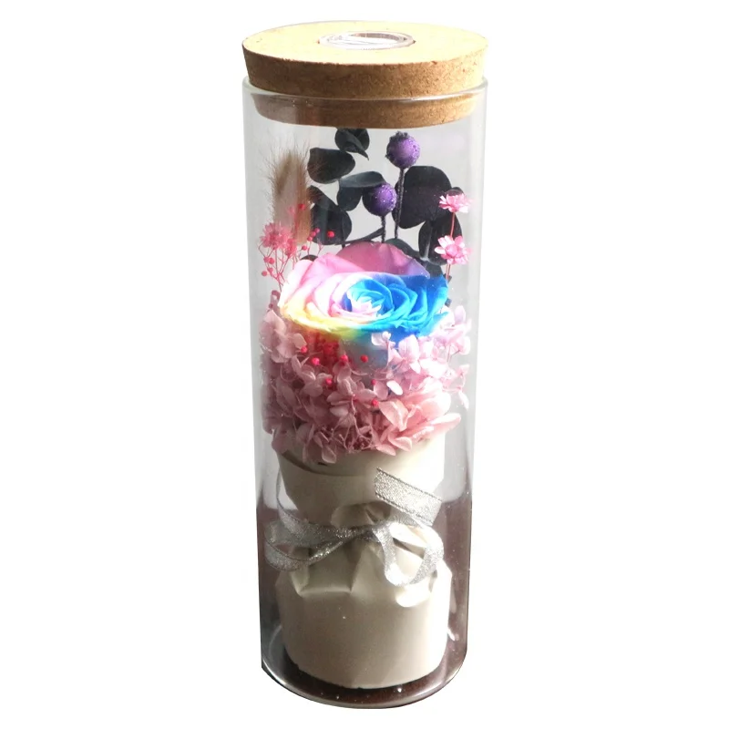 rainbow preserved rose flowers in glass wishing bottle with light in red colour single gift box wholesale for valentines