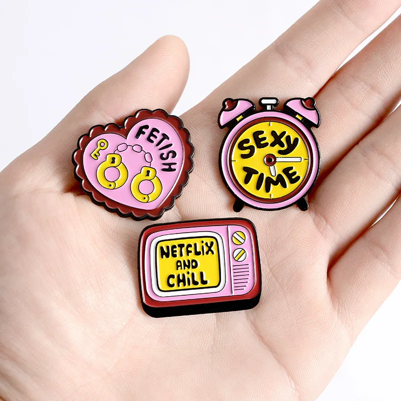 New arrival Multi-style cartoon handcuffs TV alarm clock lips alloy cute pins brooch