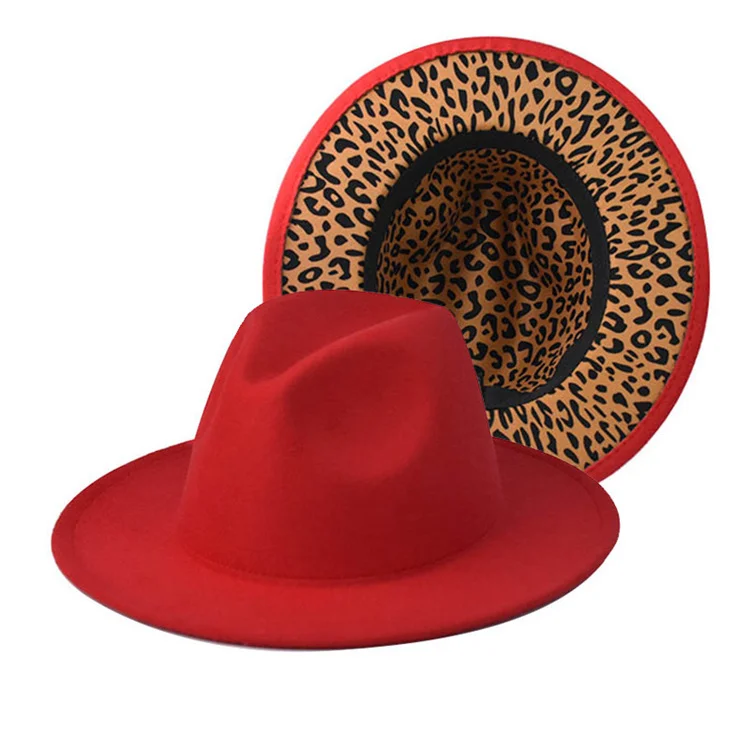 Men Thick Double-sided Solid Color Big Eaves Double-sided Leopard Print Inside Of Jazz Flat Black Fedora Hats