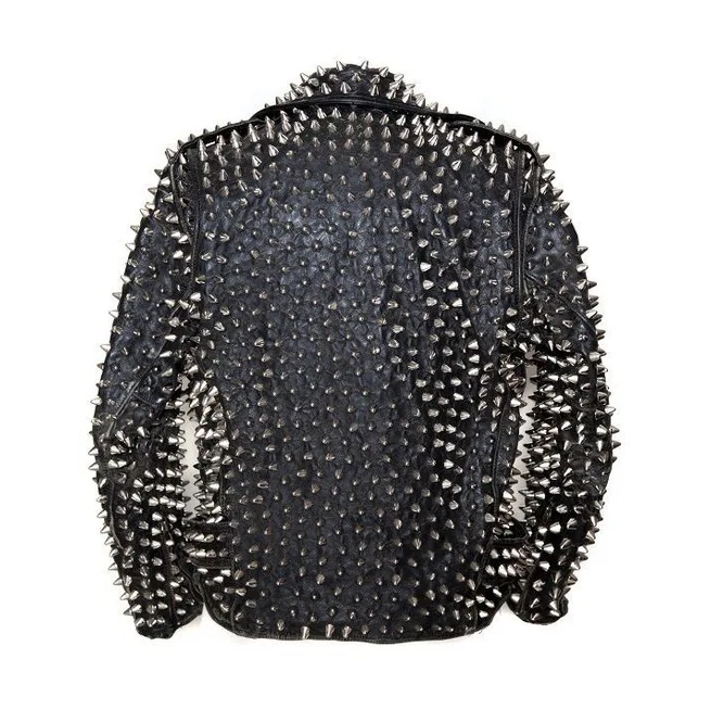 Men Studded Custom Patches Long Spike Brando Belted Rocker Jacket
