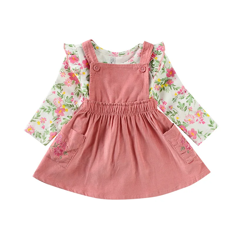 
floral fluffy sleeve shirt cute suspender clothing set children boutique clothes 