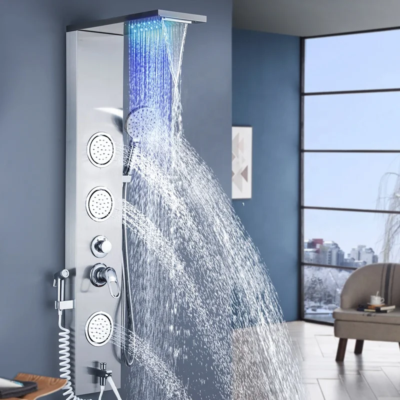 thermostatic Shower Panel bathroom wall mounted stainless steel Waterfall shower column set tower Massage Jets led Shower Panels
