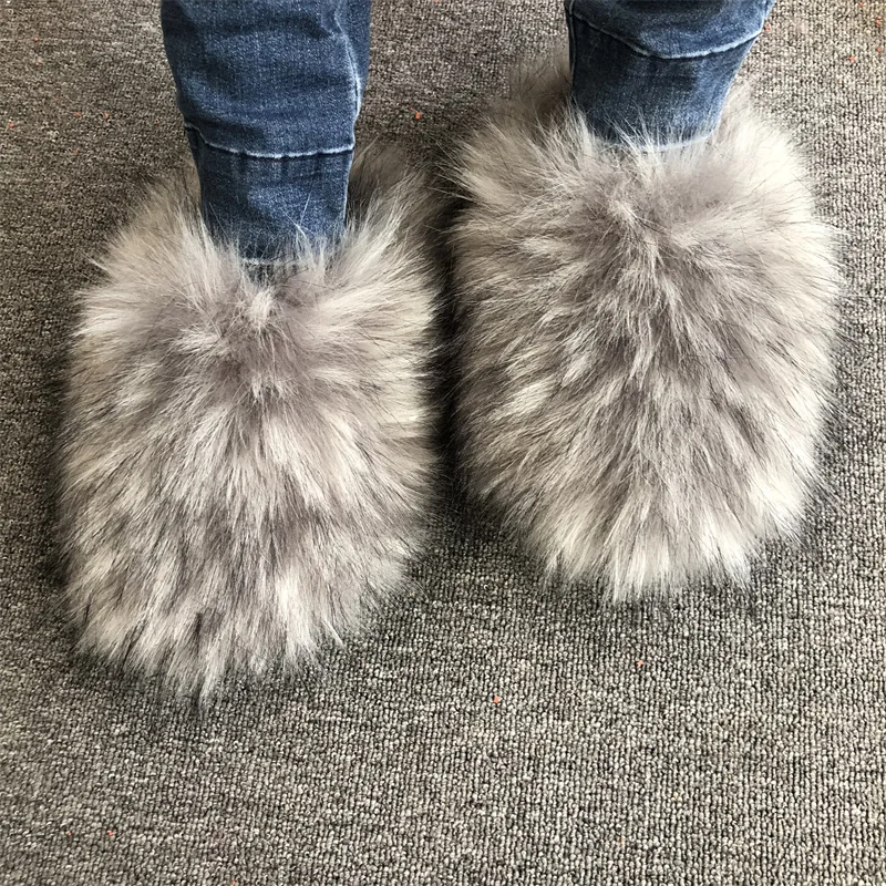 New Design Fashion Soft Fluffy Faux Fur Slide Fox Raccoon Fur Slippers For Women
