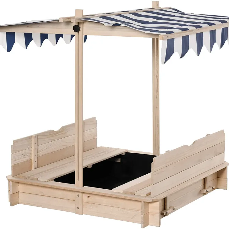 Wooden Kids Sandpit with Cover Children Outdoor Sanbox Adjustable Canopy 2kids 1sandbox