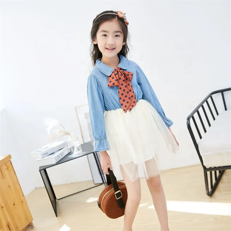 Toddler Girls White Gauze Dress Spring Princess Tutu Dress with Polka Dot Belt Long Sleeve Denim Dress With Mesh For Kids