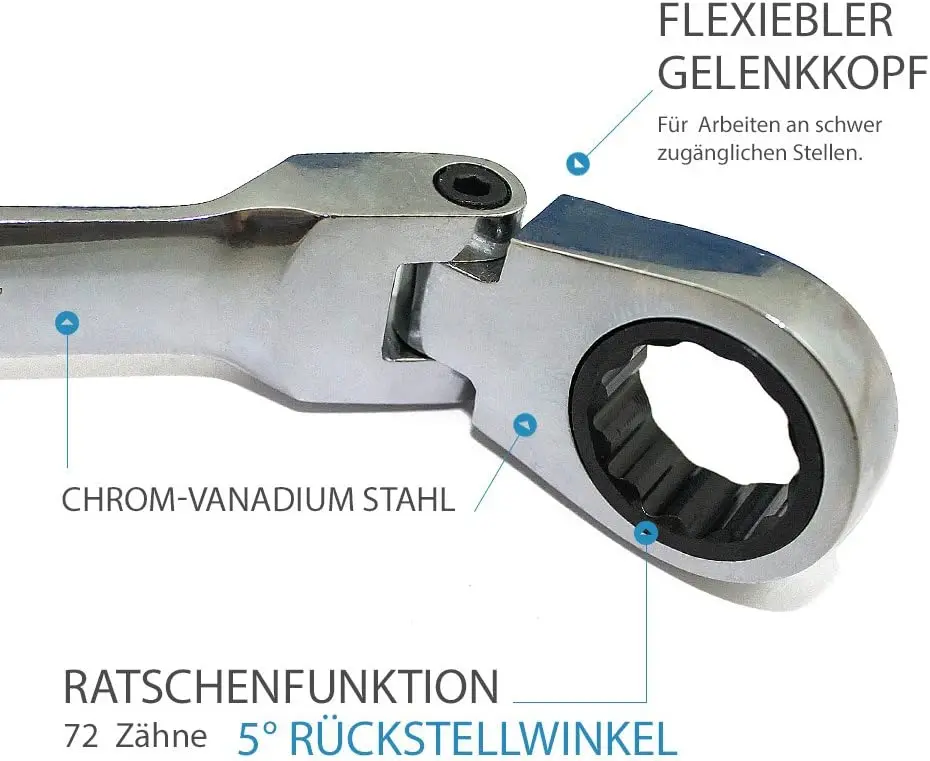 7 Piece Combination Flexible Metric mirror Ratchet Spanner Set Adjustable Head 72 teeth range  8 mm-19m with holder