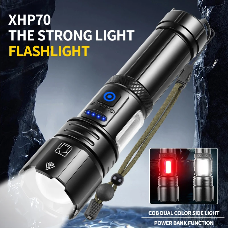 High Power Flashlight XHP70 COB Zoomable Torch Waterproof LED High Lumens 800-1200lm Rechargeable USB Lamp