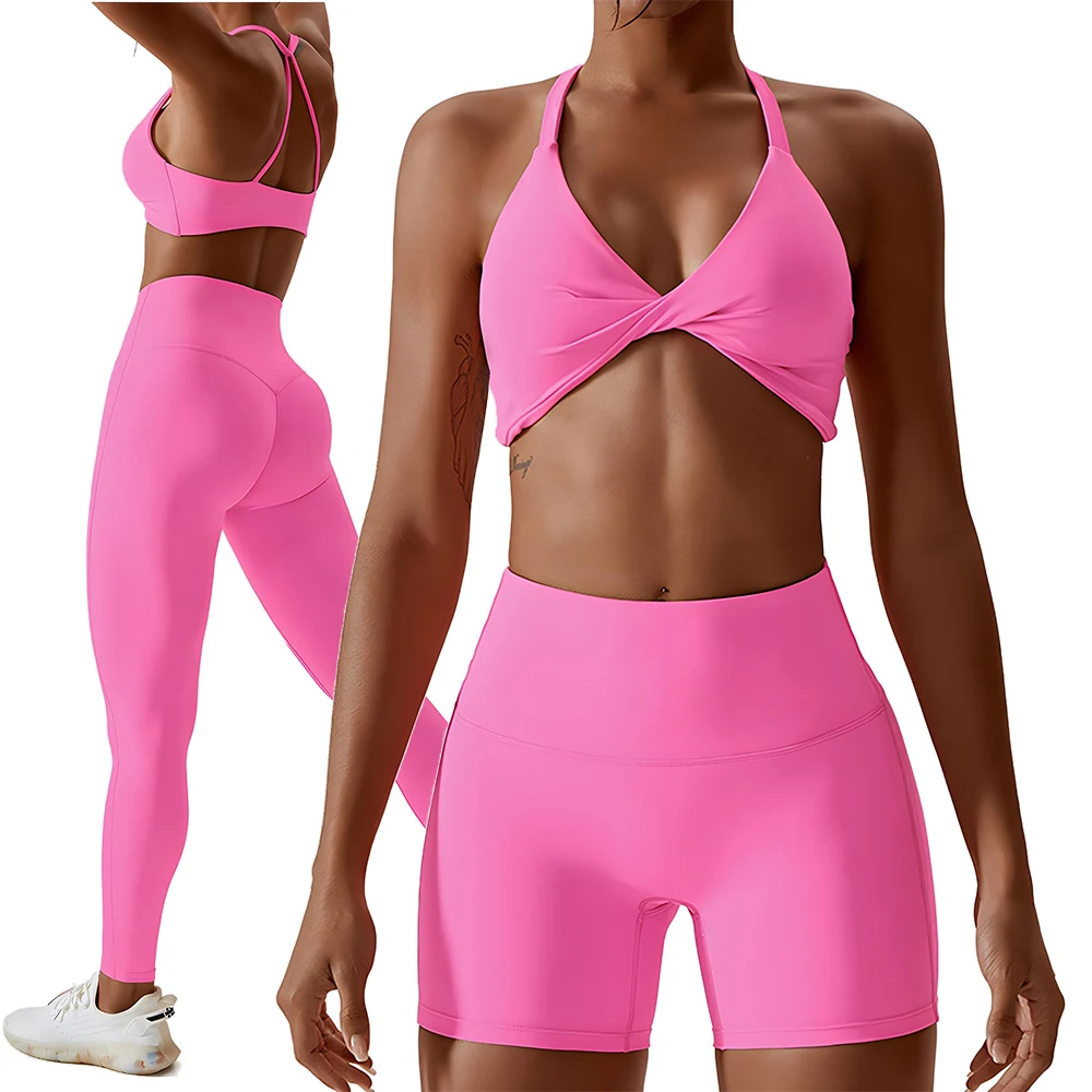 Women Fitness Wear Sports Bra Set for Adults High Waist Yoga Shorts and Scrunch Butt Leggings with Front Twist Halter Neck Bra