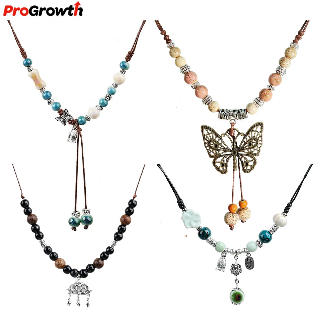Chinese Ethnic Style Butterfly Necklace Vintage Ceramic Beads Chain Woven Sweater Necklace Tassel Pendant Trendy Jewelry Gifts