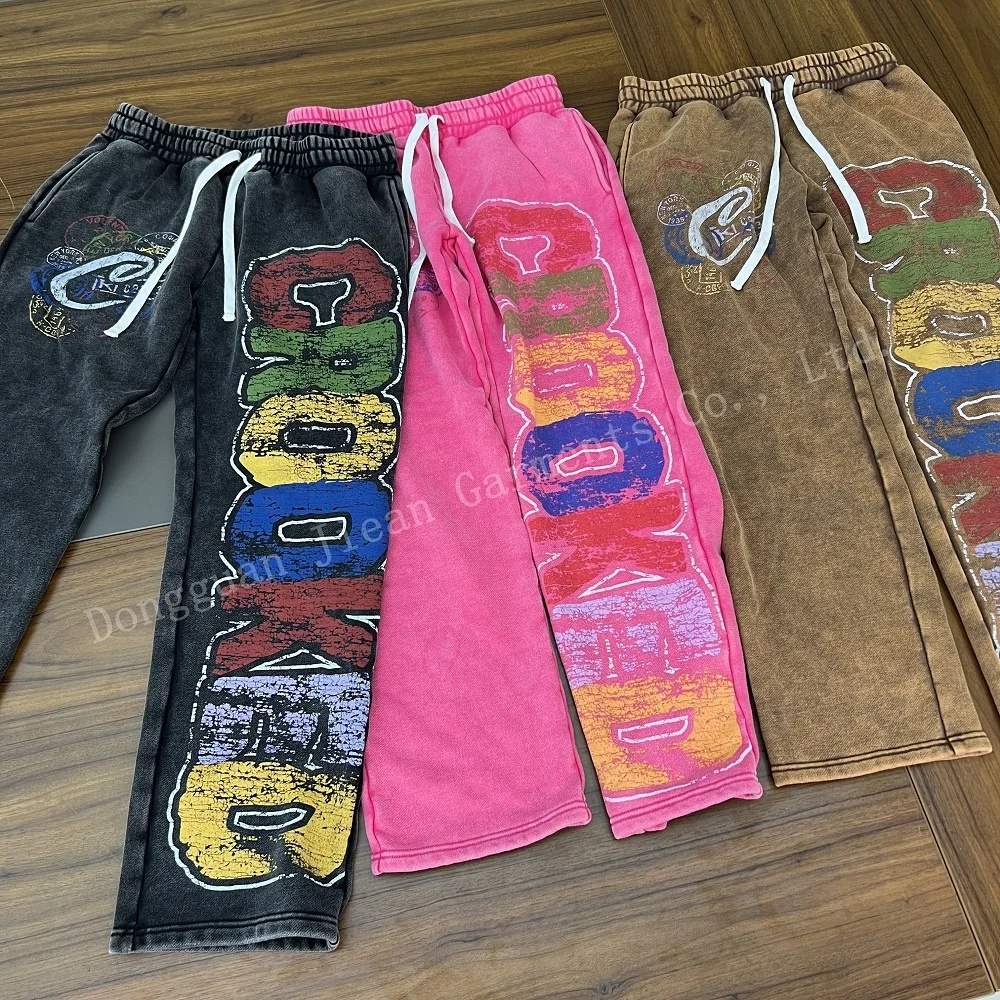 Custom Drawstring Waist Loose Wide Leg Stacked Joggers Flare Sweat Pants Print Acid Wash Sweatpants For Men