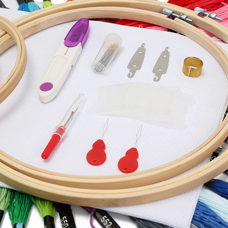 JP Diy Portable 50 Color Thread Bamboo Embroidery Hoop Set Cross Stitch Tool Accessories Embroidery Kit Sets