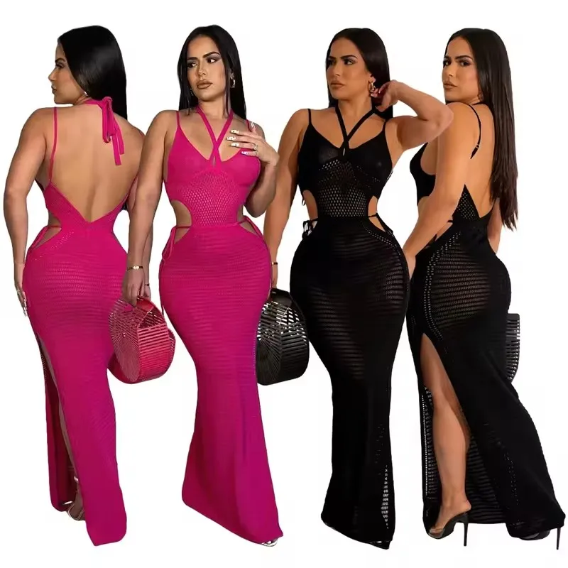 STOCK New Backless Sexy Two Colors Crochet Set For Women Long Sleeve Top Knit Summer Beach Skirt Swimwear Cover Up Bikinis