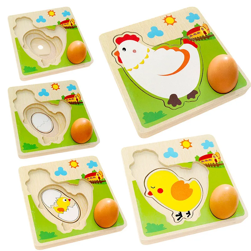 Wholesale Creative Mulit Layer Chicken Growing Up Puzzles High Quality Cartoon Children Wooden Puzzle Early Emulational Egg Toys