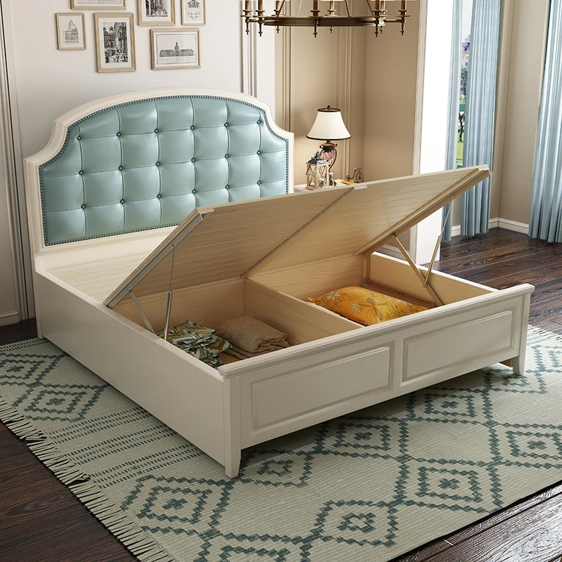 Luxury wooden storage bedroom furniture king queen leather Upholstered head board bed frame