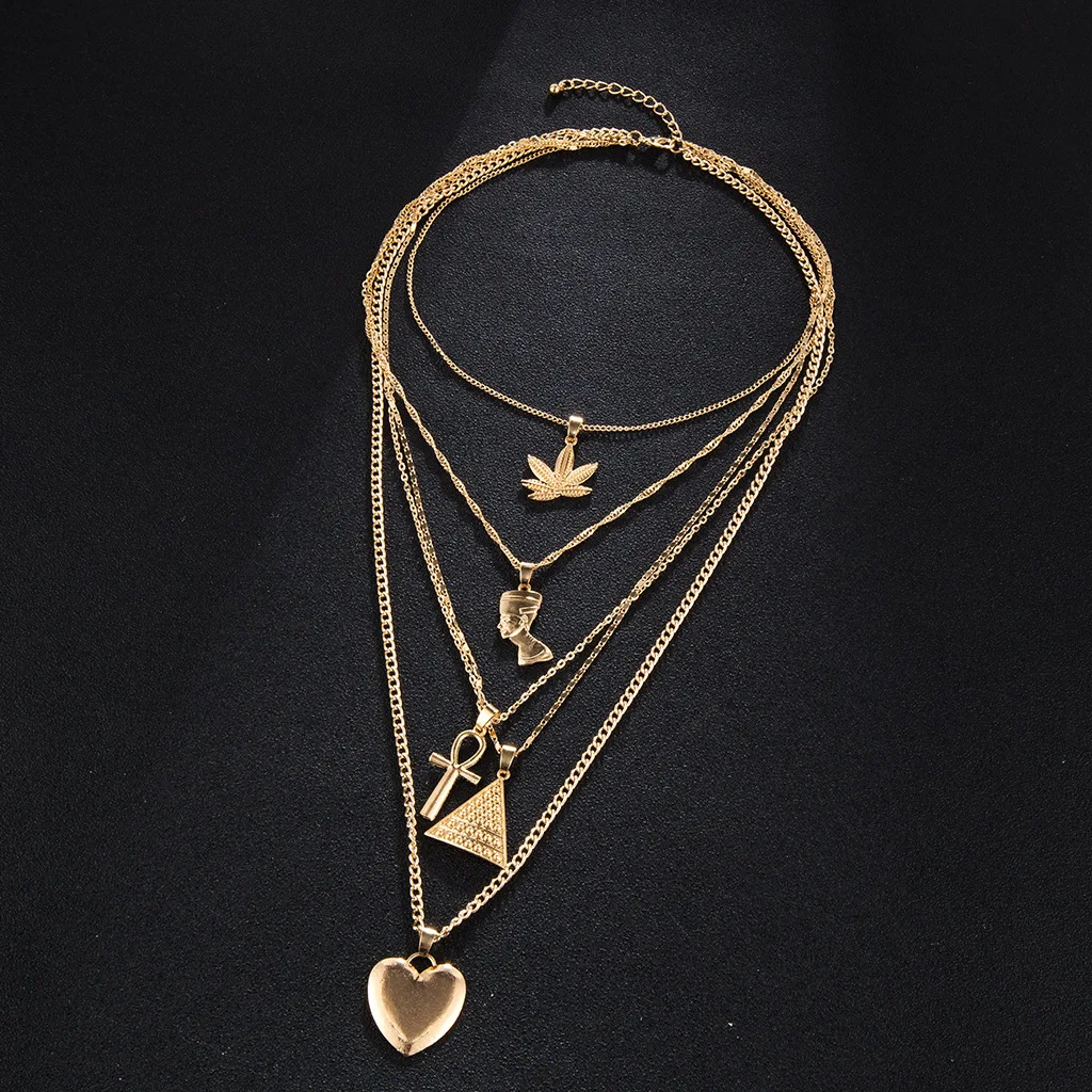 Exaggerated metal maple leaves Egyptian pharaoh yan pyramid heart pendant multi-layer necklace women