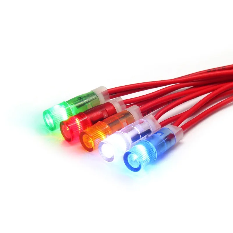 Неоновая пилотная мини-лампа, 6 мм, DC12V, 220 В переменного тока, красный, синий, зеленый, желтый, белый, светодиодный пластиковый световой индикатор с проводом