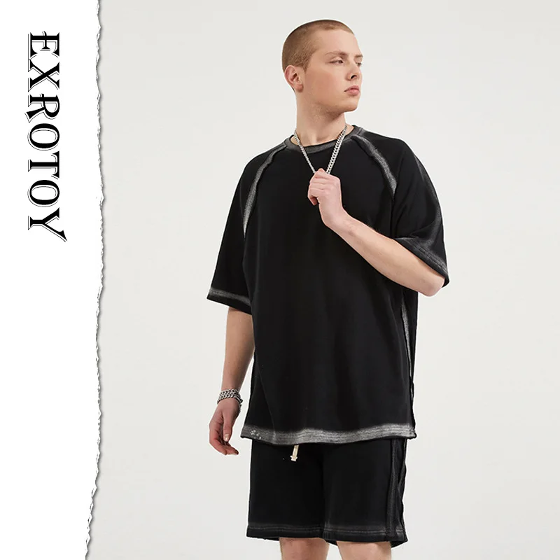 EXROTOY NEW 260G Spray color bone position reverse wear design short-sleeved dark high street niche loose trendy brand T-shirt