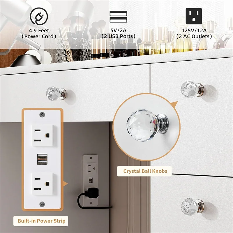 Dressing table with LED illuminated mirror and power socket, makeup vanity set with large drawers,beauty cabinet cosmetic table