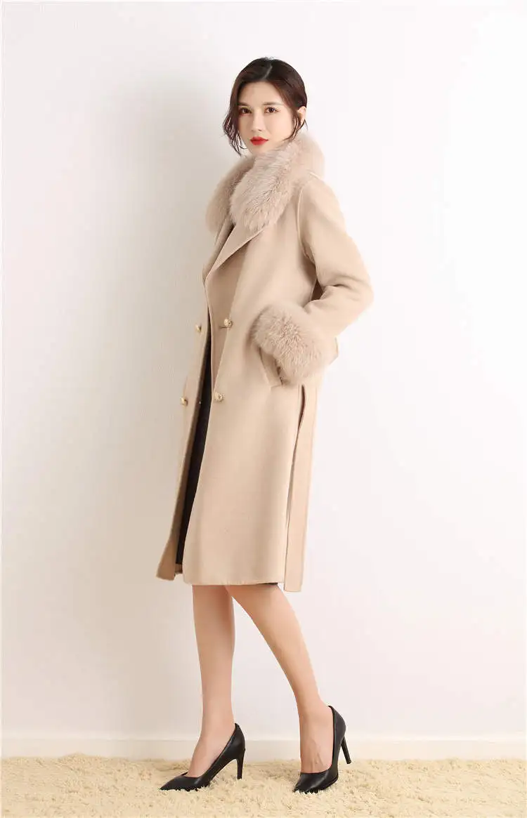 wholesale fashion winter clothes thick wool trench coat double breasted fox fur collar and cuffs womens winter wool coat