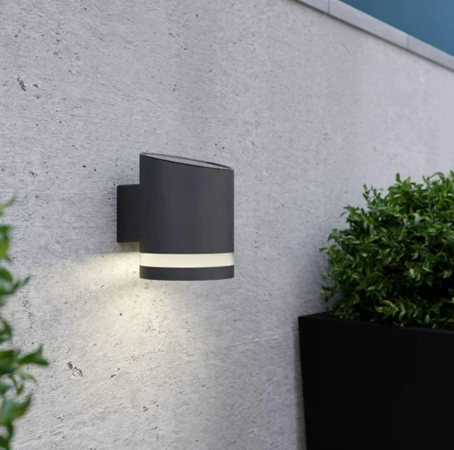 landscape black aluminum round cylinder slope outdoor patio solar wall mounted lamp