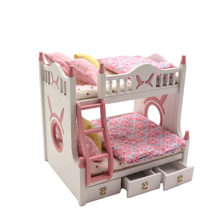 New diy miniature wooden pink doll bed furniture for children,dollhouse miniature bed wholesale