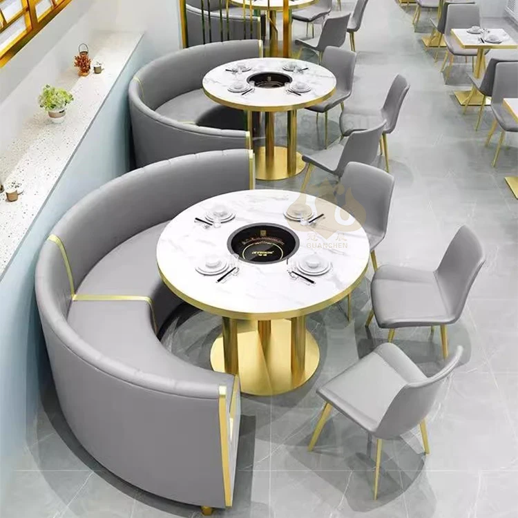 Wholesale Modern Restaurant Furniture Sets Cafe Fast Food Booth Seating Sofa Golden Metal Dining Tables and Chairs Set