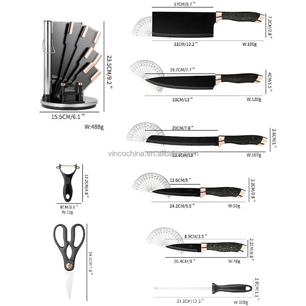 9pcs set Kitchen Chef Bread Steak Knives Set Knife Block Set with Acrylic Base that Rotates 360 Degrees