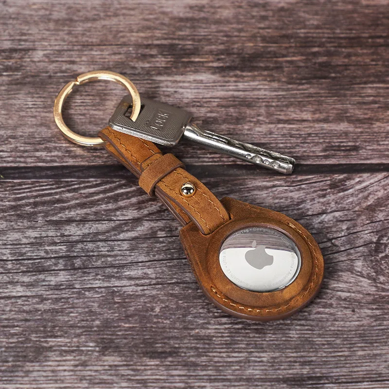 Anti-lost Key Ring New Protection Real Leather Crazy Horse Airtag Case