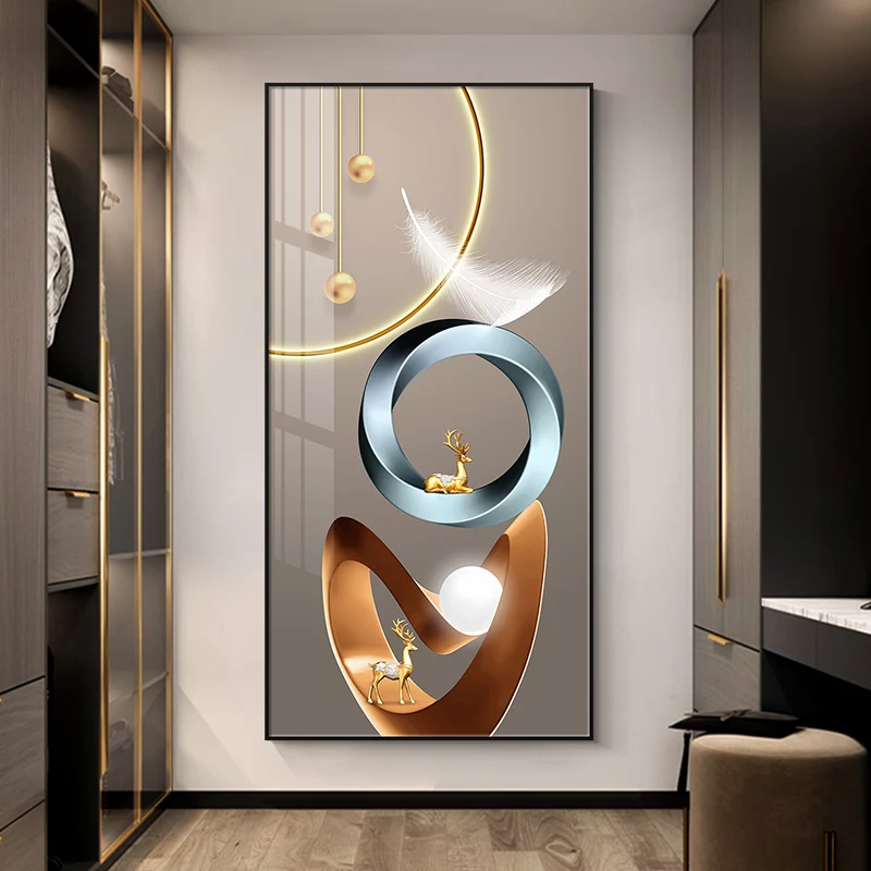 Light luxury living room decorative painting geometric abstract crystal porcelain wall art painting feather painting