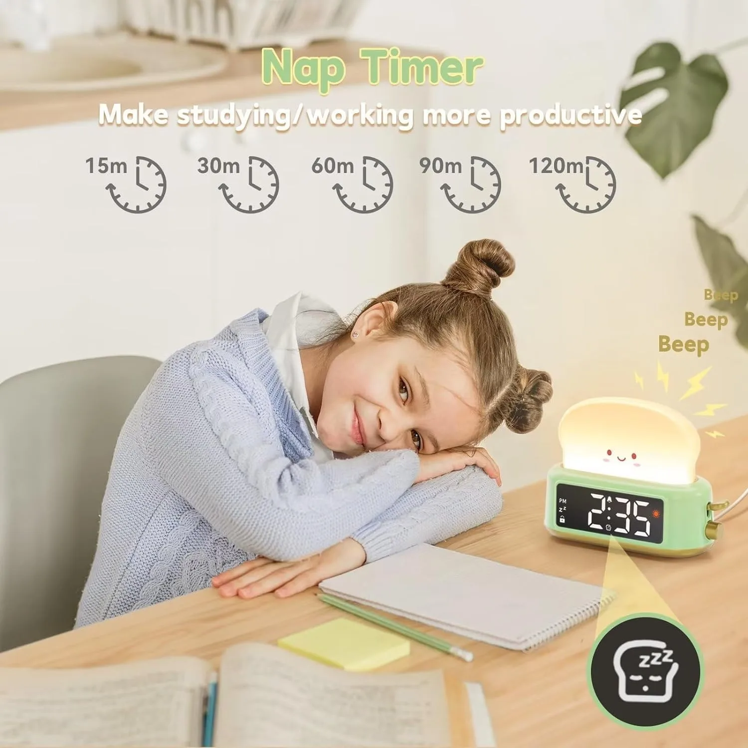 Bedside Clock with Toast Lamp 5 Alarm Tones Toast Night Light Alarm Clock Battery Operated Alarm Clock for Kids