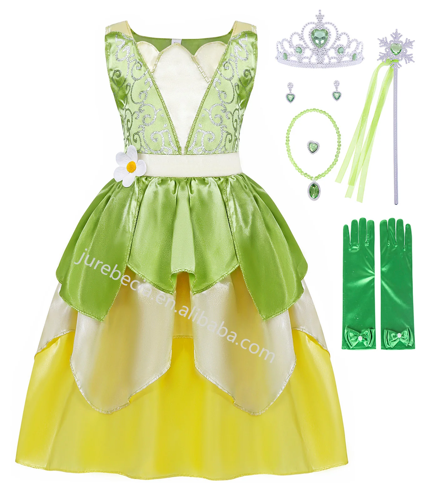 Jurebecia Princess Tiana Costume for Girls Green Frog Dress Kids Dress Up Fancy Halloween Birthday Party Fairy Outfits 3-8T