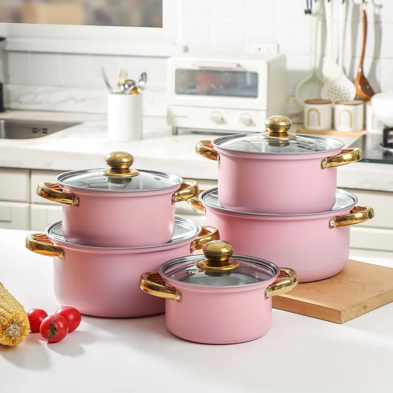 Pink Pots And Pan Cast Iron Casserole Cooking Pots Set Kitchen Utensils Stainless Steel Pots Non Stick Cookware Sets 10pcs