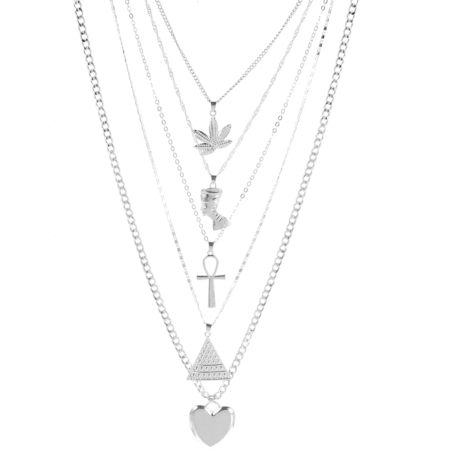 Exaggerated metal maple leaves Egyptian pharaoh yan pyramid heart pendant multi-layer necklace women
