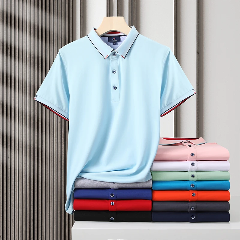 Customized Embroidery Logo Moisture Wicking Cotton Polyester Mens Uniform 3 Buttons Stripe Polo Shirt