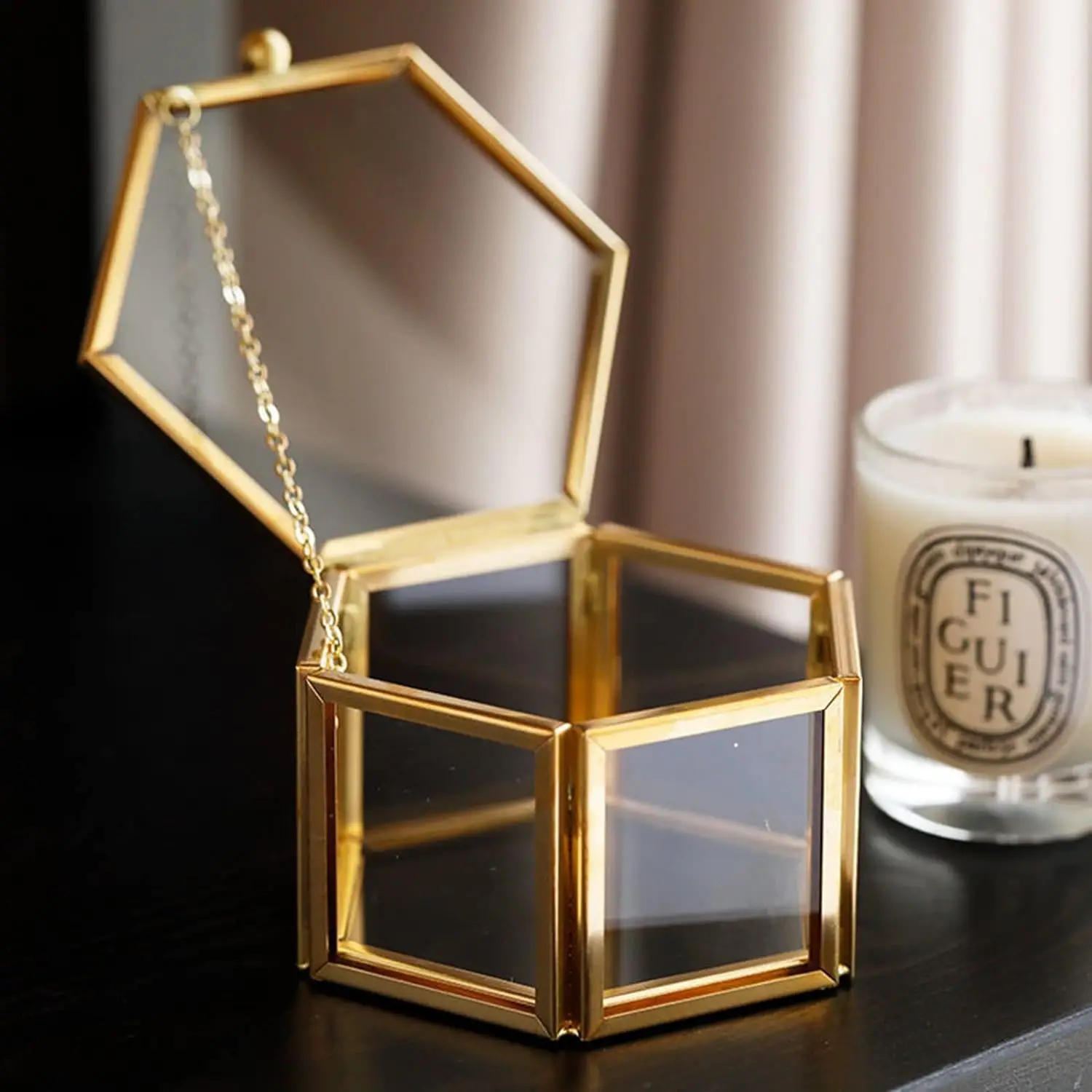 Hexagon Gold Glass Keepsake Box Home Decoration Jewelry Organizer for Ring Earring Trinket Decorative Gift Storage