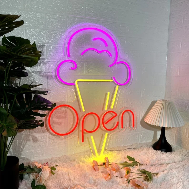 Outdoor indoor waterproof neon light led custom ice cream neon sign store logo with low price open neon sign
